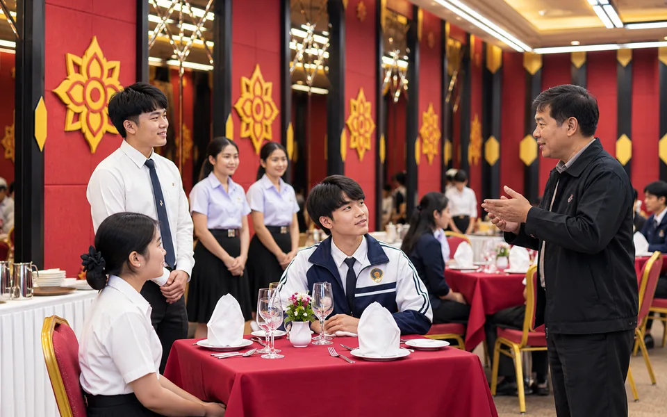 นักศึกษาฝึกปฏิบัติด้านการบริการภัตตาคารภายใต้การแนะนำของผู้สอน
