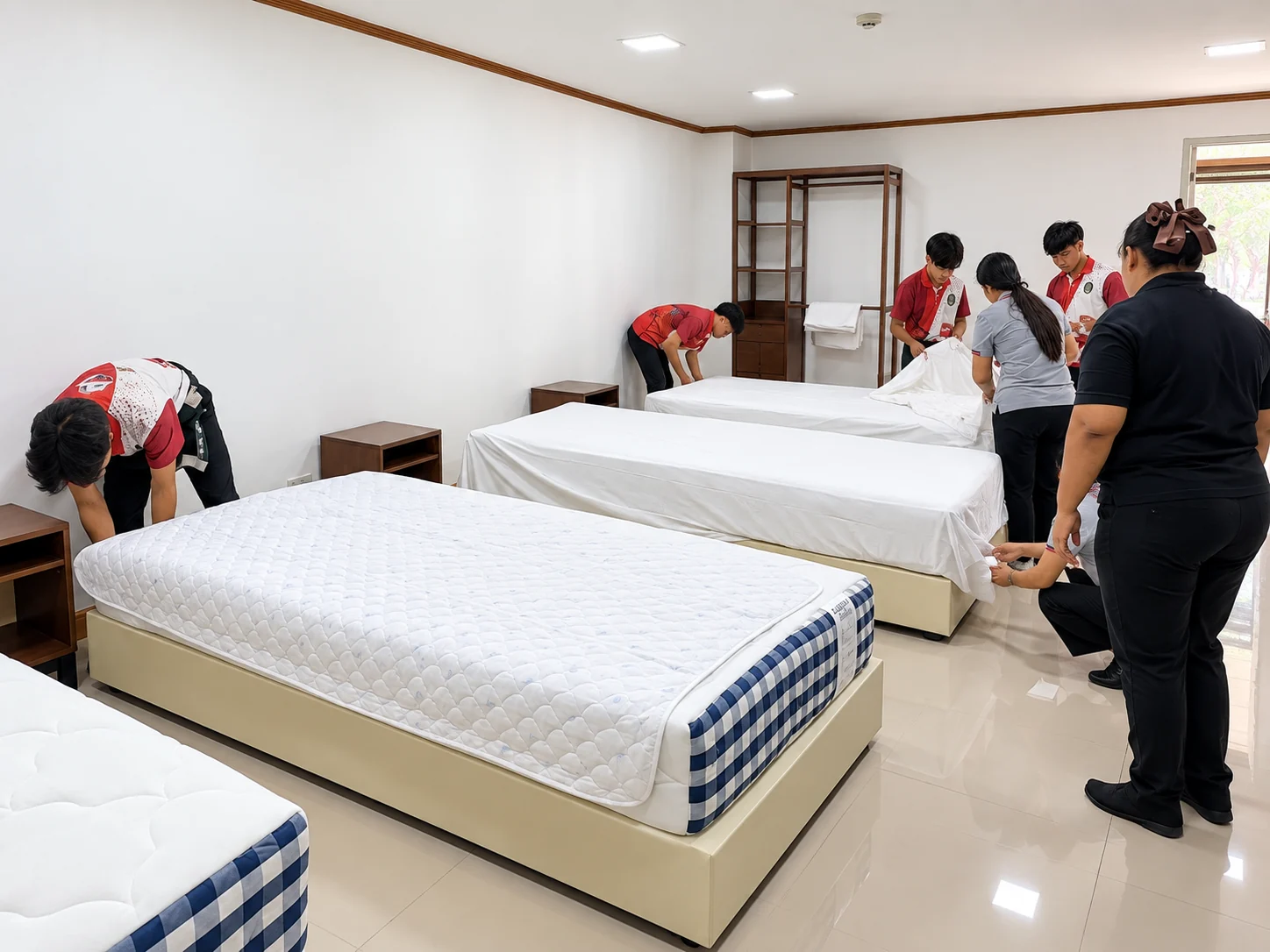 นักศึกษาฝึกปฏิบัติงานจัดเตรียมห้องพักภายในอาคารเพชรน้ำหนึ่ง